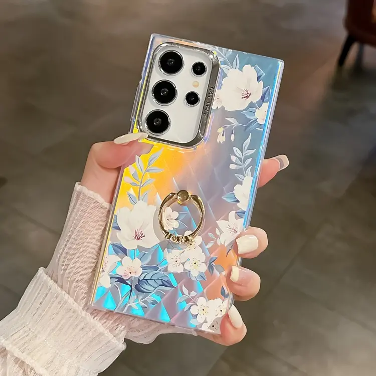 For Samsung Galaxy S24 Ultra 5G Electroplating Laser Flower Ring Holder TPU Phone Case(White Flower AH10)