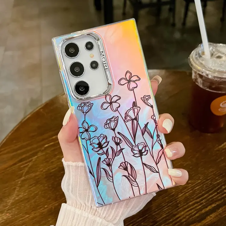 For Samsung Galaxy S24 Ultra 5G Electroplating Laser Flower Texture TPU Phone Case(Drawn Flowers AH3)