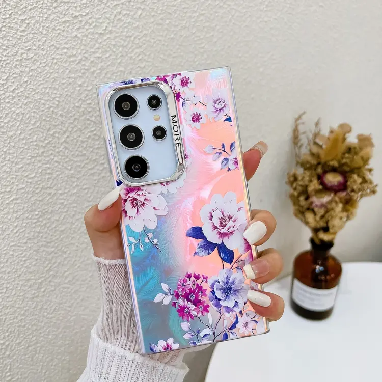 For Samsung Galaxy S24 Ultra 5G Electroplating Laser Flower Texture TPU Phone Case(Peony AH11)