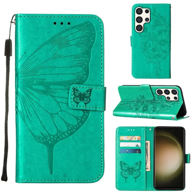 For Samsung Galaxy S24 Ultra 5G Embossed Butterfly Leather Phone Case(Green)