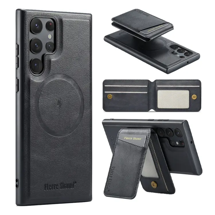 For Samsung Galaxy S24 Ultra 5G Fierre Shann Cowhide Vertical Flip Magnetic Card Holder Phone Case(Black)