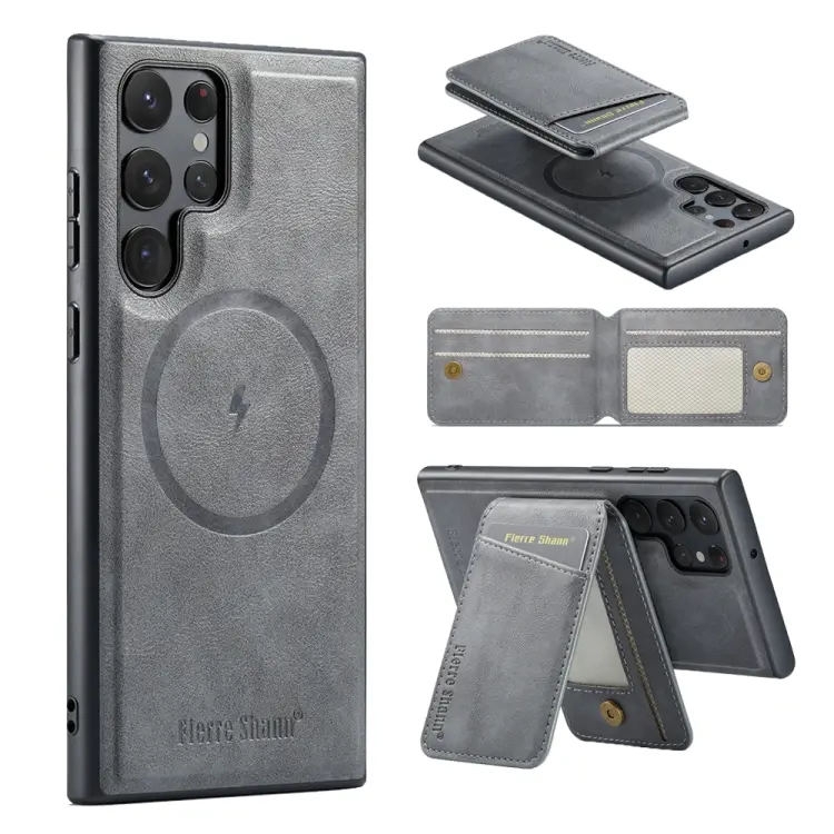 For Samsung Galaxy S24 Ultra 5G Fierre Shann Cowhide Vertical Flip Magnetic Card Holder Phone Case(Grey)