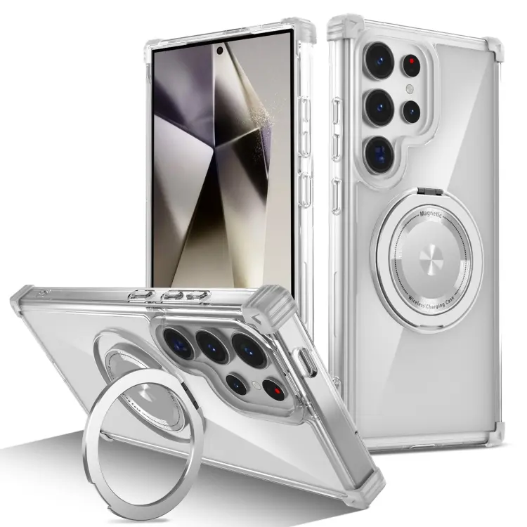 For Samsung Galaxy S24 Ultra 5G Gold Shield CD Pattern MagSafe Magnetic Phone Case with Rotating Stand(Transparent)