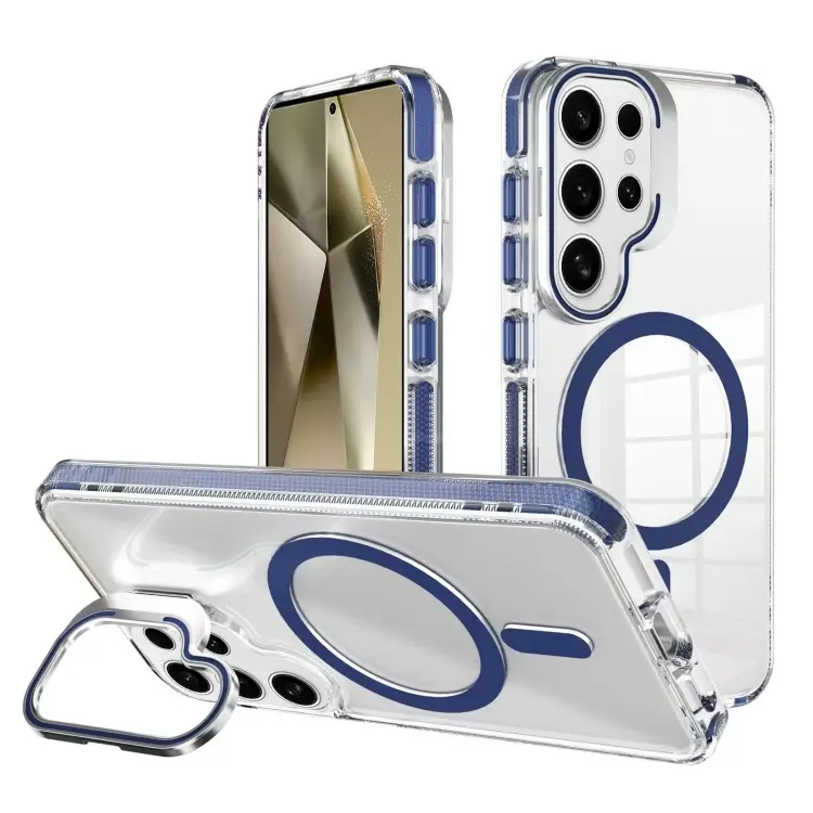 For Samsung Galaxy S24 Ultra 5G J2 High Transparent MagSafe Magnetic Frame Holder Phone Case(Royal Blue)