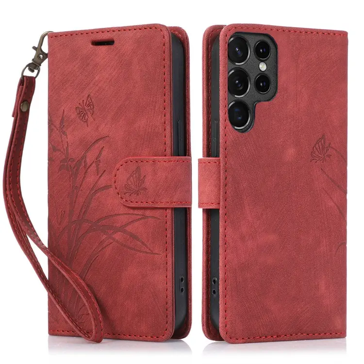 For Samsung Galaxy S24 Ultra 5G Orchid Butterfly Embossed Leather Phone Case(Red)