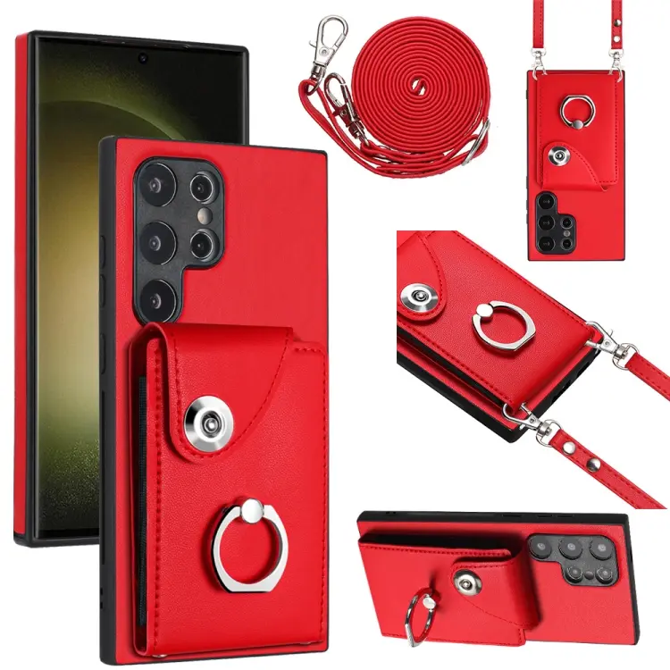 For Samsung Galaxy S24 Ultra 5G Organ Card Bag Ring Holder Phone Case with Long Lanyard(Red)