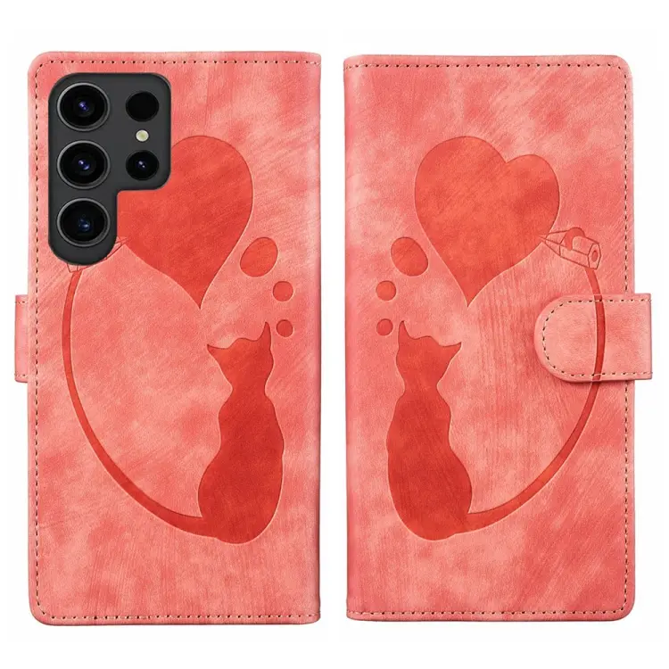 For Samsung Galaxy S24 Ultra 5G Pen Heart Cat Embossed Leather Phone Case(Orange)