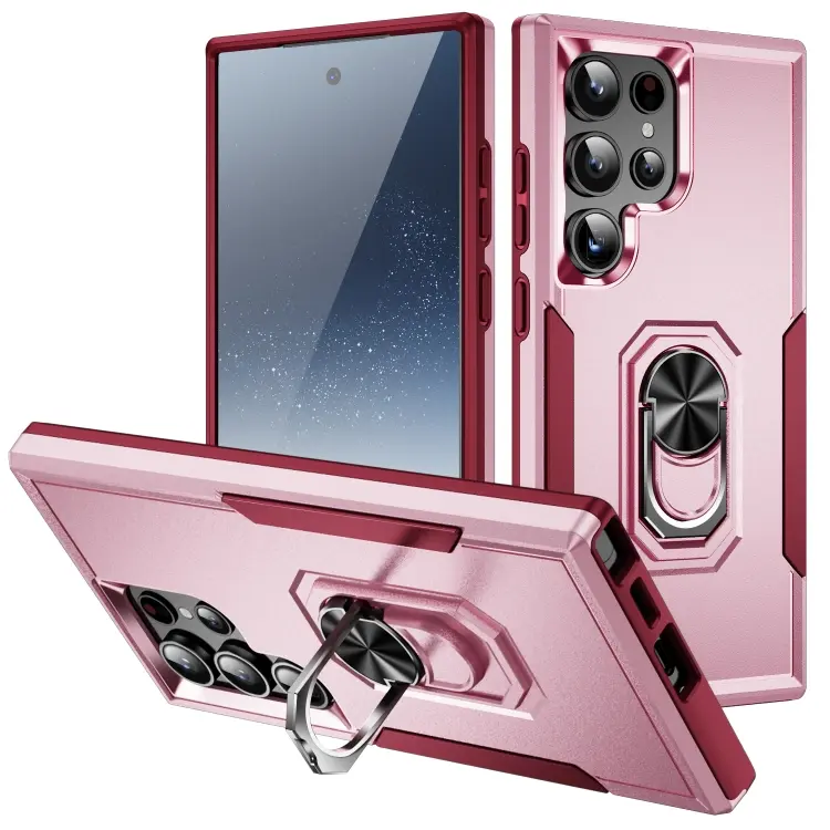 For Samsung Galaxy S24 Ultra 5G Pioneer Armor Heavy Duty PC Hybrid TPU Phone Case with Holder(Pink+Rose Red)
