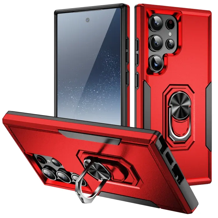 For Samsung Galaxy S24 Ultra 5G Pioneer Armor Heavy Duty PC Hybrid TPU Phone Case with Holder(Red+Black)