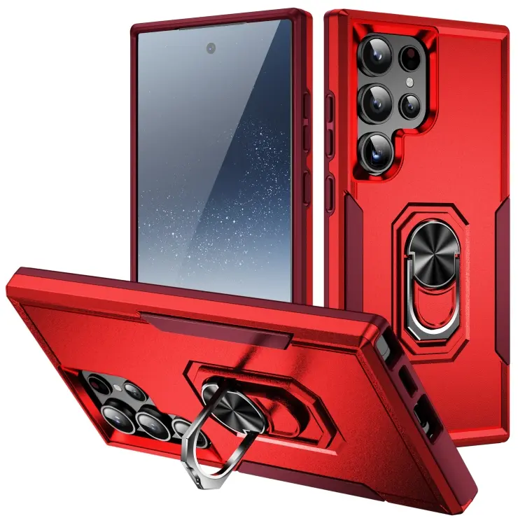 For Samsung Galaxy S24 Ultra 5G Pioneer Armor Heavy Duty PC Hybrid TPU Phone Case with Holder(Red+Rose Red)