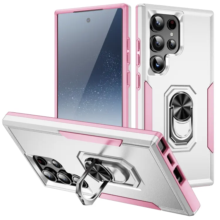 For Samsung Galaxy S24 Ultra 5G Pioneer Armor Heavy Duty PC Hybrid TPU Phone Case with Holder(White+Pink)