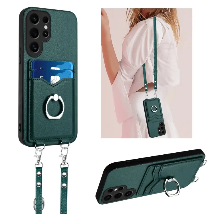 For Samsung Galaxy S24 Ultra 5G R20 Crossbody Rope Ring Card Holder Phone Case(Green)