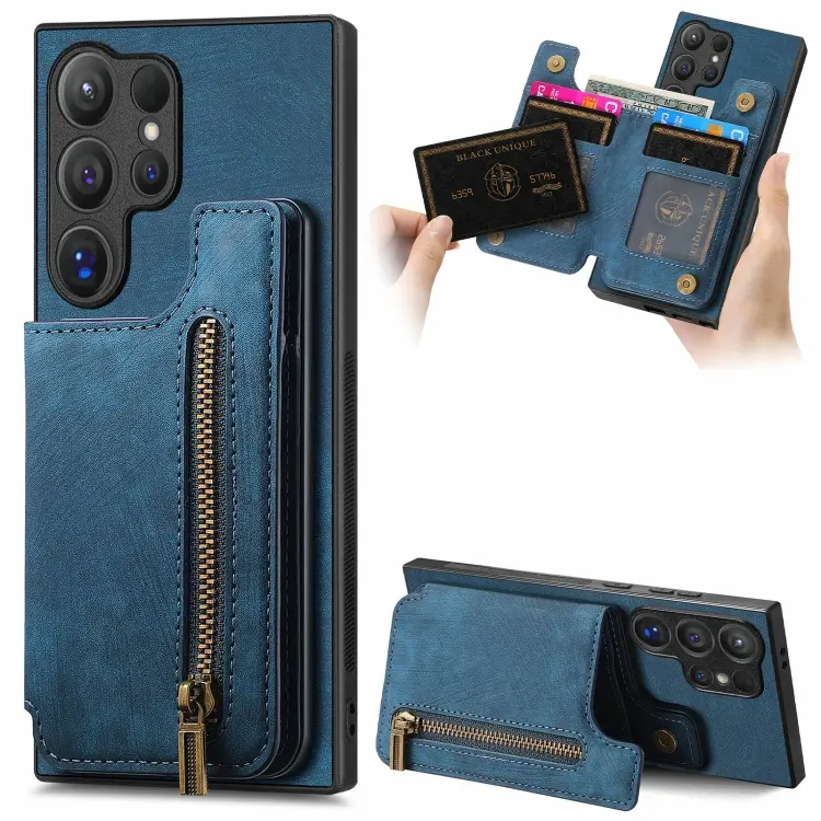 For Samsung Galaxy S24 Ultra 5G Retro Leather Zipper Wallet Back Phone Case(Blue)