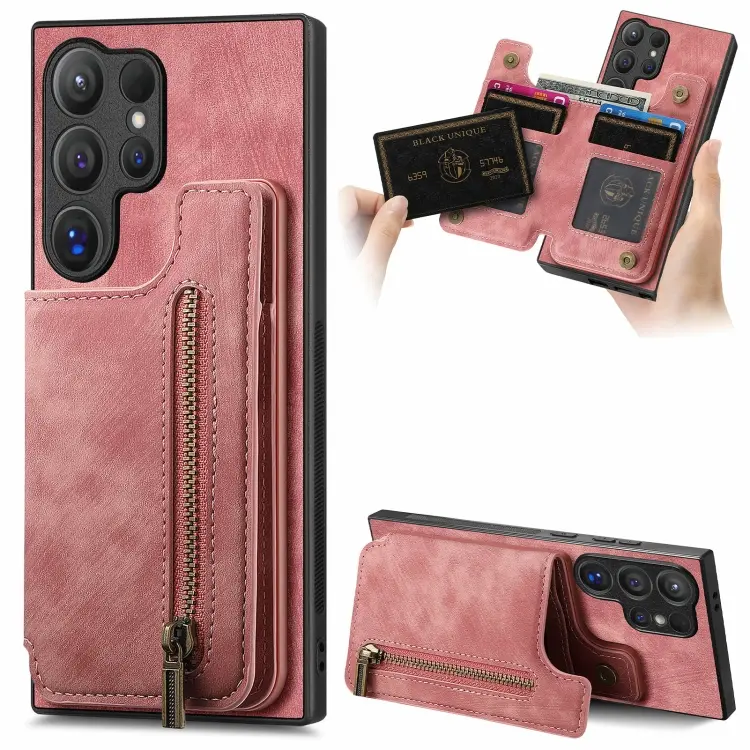 For Samsung Galaxy S24 Ultra 5G Retro Leather Zipper Wallet Back Phone Case(Pink)