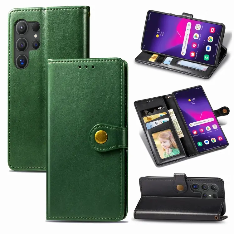 For Samsung Galaxy S24 Ultra 5G Retro Solid Color Buckle Leather Phone Case(Green)