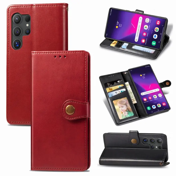 For Samsung Galaxy S24 Ultra 5G Retro Solid Color Buckle Leather Phone Case(Red)