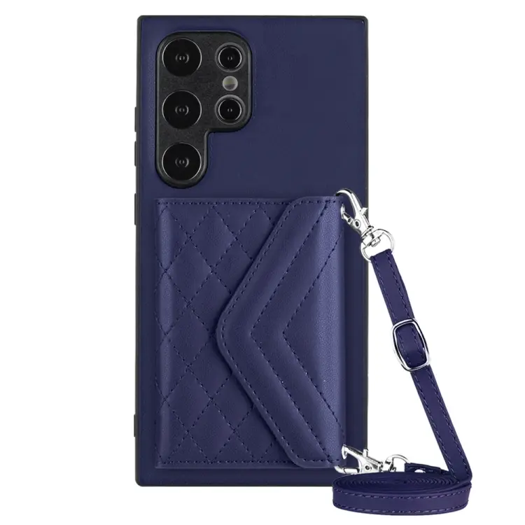 For Samsung Galaxy S24 Ultra 5G Rhombic Texture Card Bag RFID Phone Case with Long Lanyard(Blue)