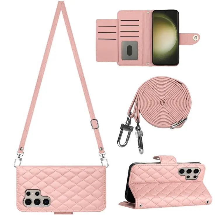 For Samsung Galaxy S24 Ultra 5G Rhombic Texture Flip Leather Phone Case with Long Lanyard(Coral Pink)