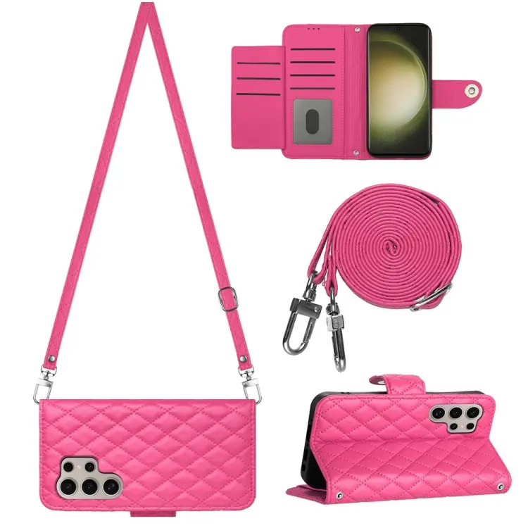 For Samsung Galaxy S24 Ultra 5G Rhombic Texture Flip Leather Phone Case with Long Lanyard(Rose Red)