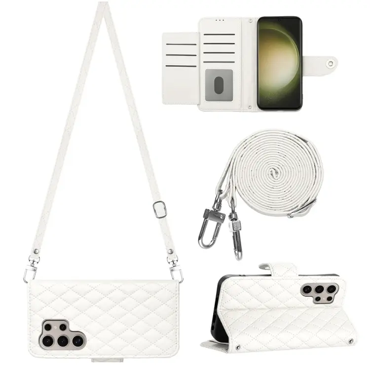 For Samsung Galaxy S24 Ultra 5G Rhombic Texture Flip Leather Phone Case with Long Lanyard(White)