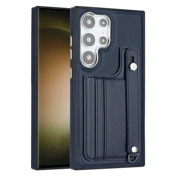 For Samsung Galaxy S24 Ultra 5G Shockproof Leather Phone Case with Wrist Strap(Blue)