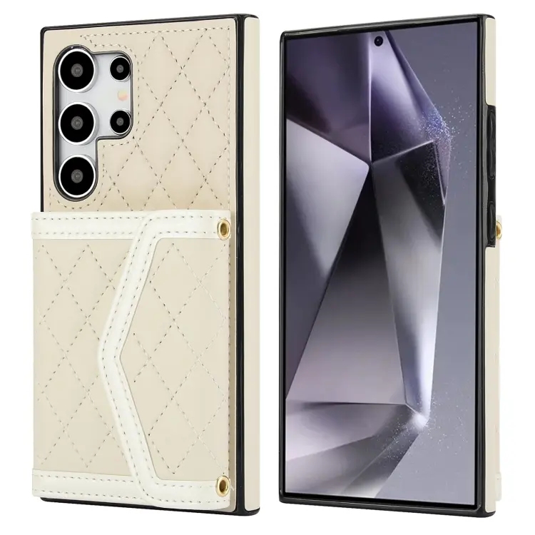 For Samsung Galaxy S24 Ultra 5G Splicing Rhombic Texture Card Bag Phone Case with Long Lanyard(Beige)