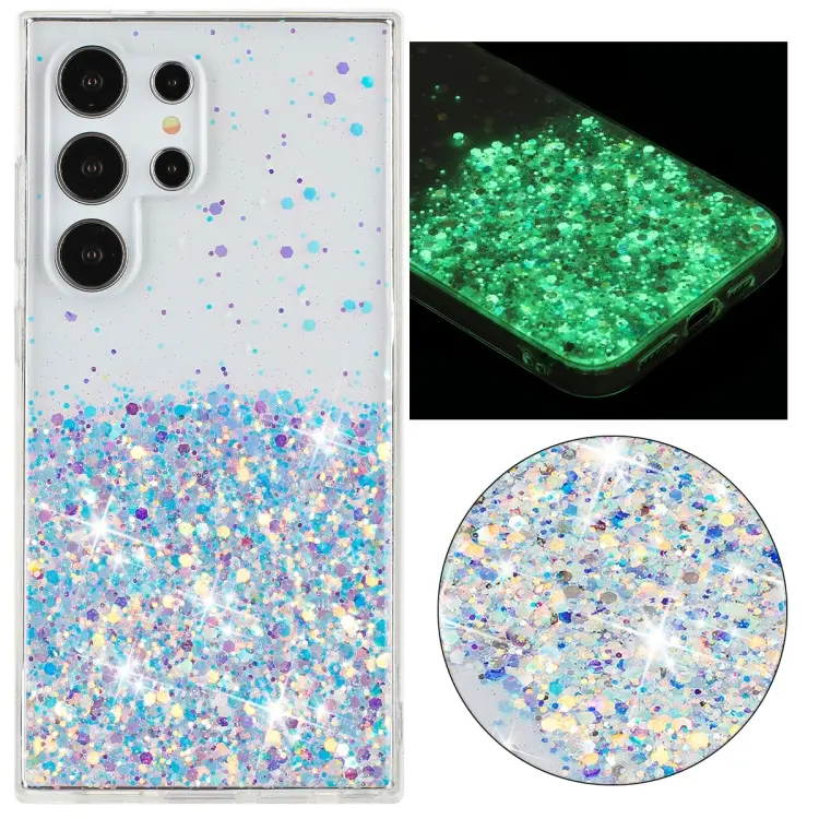 For Samsung Galaxy S24 Ultra 5G Transparent Frame Noctilucent Glitter Powder TPU Phone Case(White)