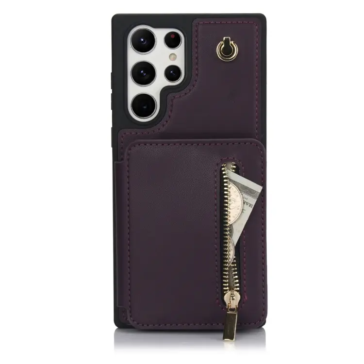 For Samsung Galaxy S24 Ultra 5G YM006 Skin Feel Zipper Card Bag Phone Case with Dual Lanyard(Dark Purple)
