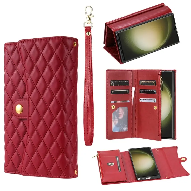 For Samsung Galaxy S24 Ultra 5G Zipper Multi-Card Wallet Rhombic Leather Phone Case(Red)