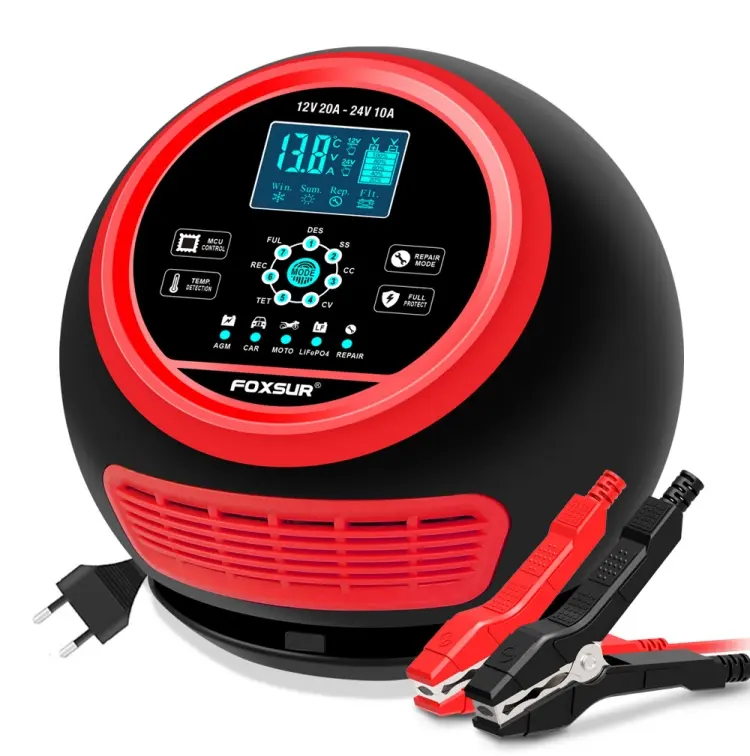 FOXSUR 20A 12V 24V Car / Motorcycle Smart Battery Charger, Plug Type