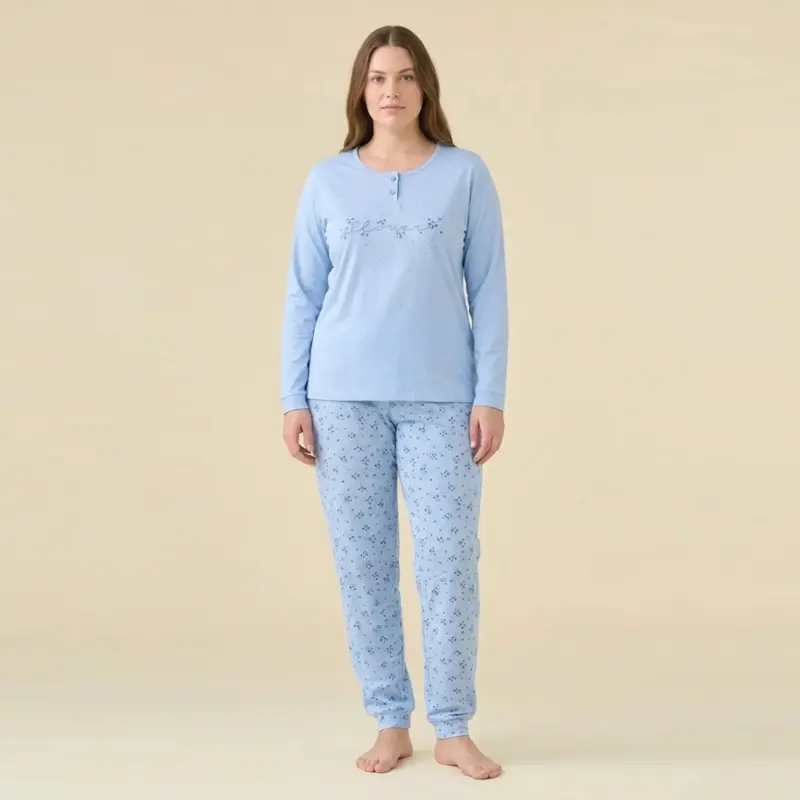 FS9493AB - Pigiama calibrato donna estivo manica lunga pantalone lungo con polsini.