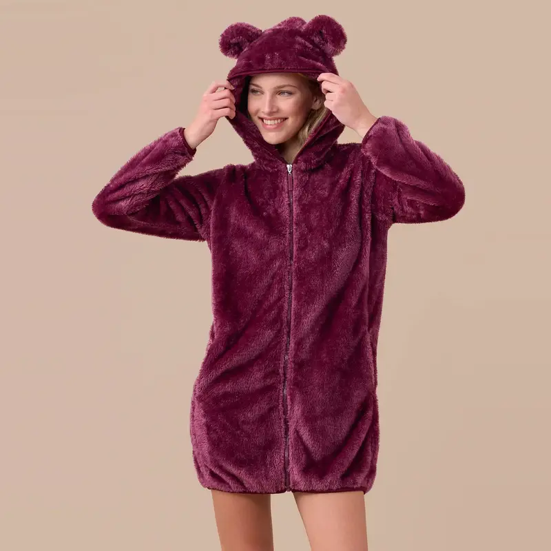 GE3013 - Vestaglia donna in eco pelliccia con simpatiche orecchie