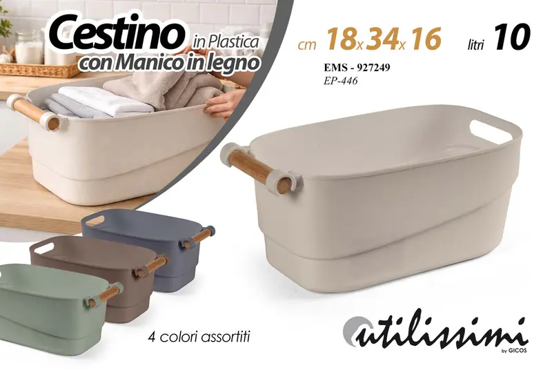 GICOS CESTINO IN PLASTICA CON MANICO IN LEGNO 10 LITRI CM.18X34X16 COLORI ASSORTITI