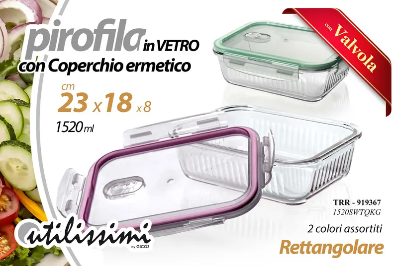 GICOS PIROFILA IN VETRO CON COPERCHIO ERMETICO 1520ML CM.23X18X8 CON VALVOLA COLORI ASSORTITI