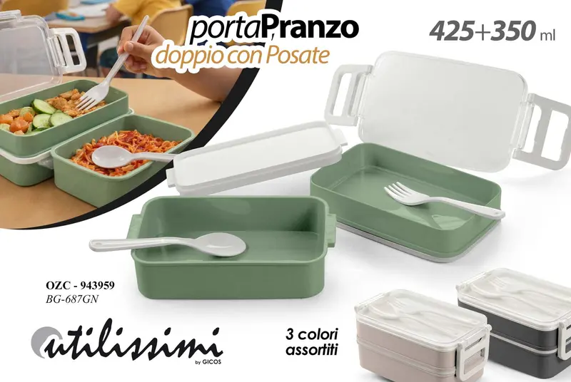GICOS PORTAPRANZO DOPPIO CON POSATE 425+350ML COLORI ASSORTITI OZC-943959