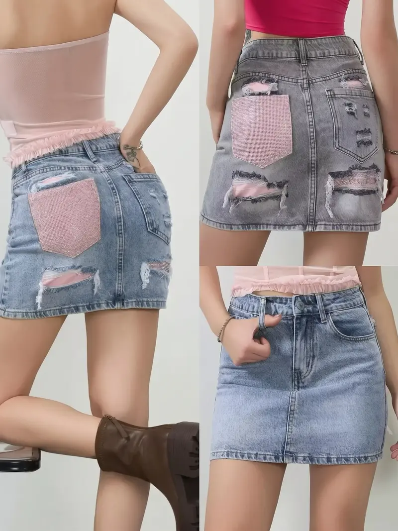 Gonna di Jeans Y2K con Tasca Glitter Rosa e Strappi