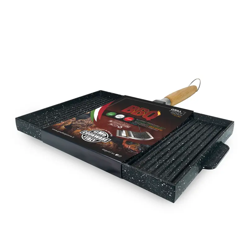 Grill Rettangolare 35x25 cm Antiaderente con Manico in Legno Pieghevole