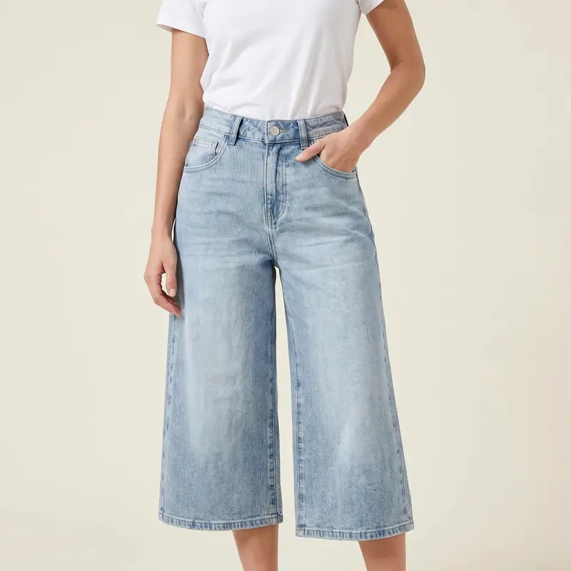 Jeans Culotte a Gamba Larga Lavaggio Chiaro - Vita Alta