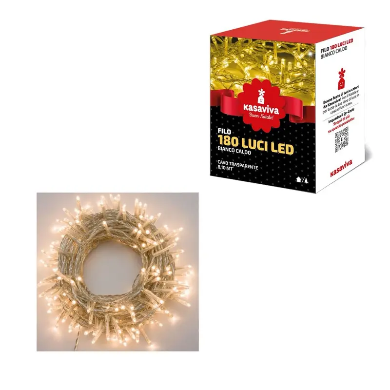 KASAVIVA NATALE FILO 180 LUCI LED BIANCO CALDO 8,10MT CAVO TRASPARENTE