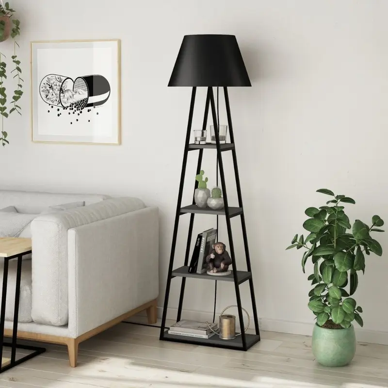 Lampada da terra Pal struttura e paralume nero con mensole antracite 50x165