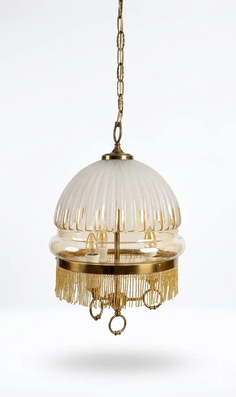 Lampadario 1950 con perline di vetro e frange, 3 luci