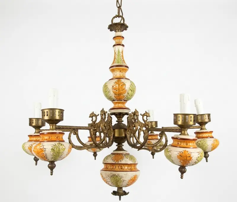 Lampadario a 6 braccia, stile francese con ceramica dipinta