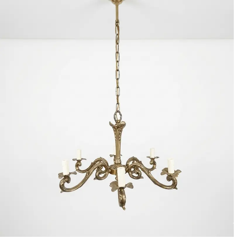 Lampadario italiano a 6 braccia in ottone anni '50