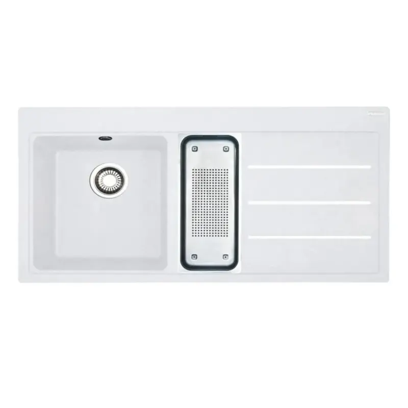 Lavello 1 vasca e mezza Franke TFF 651 Mythos Fusion da incasso 100x50.5 cm. con gocciolatoio destro bianco