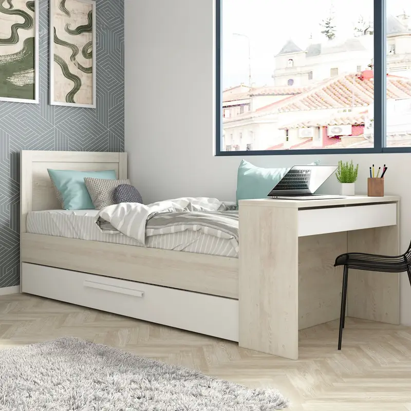 Letto 1950 con scrivania integrata e letto estraibile reversibile bianco vintage e bianco