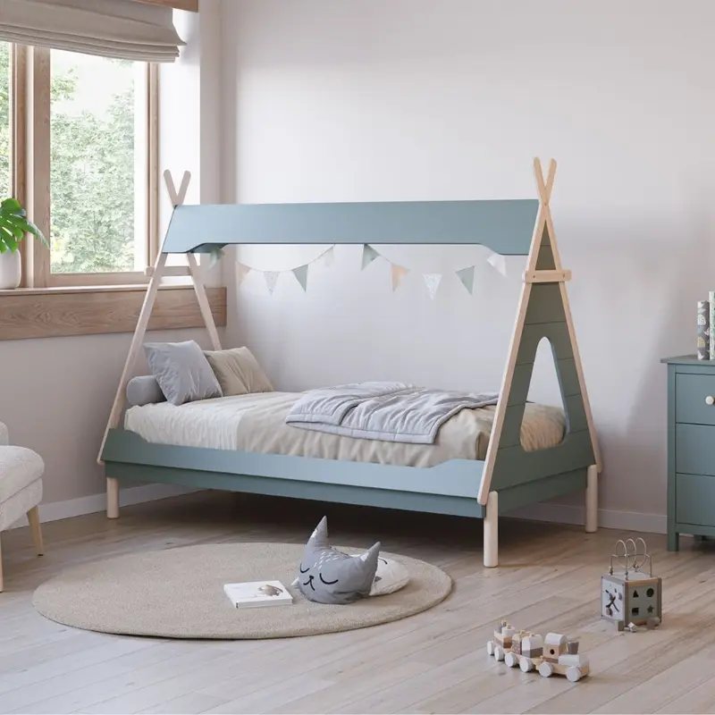 Letto a capanna Nora in legno massiccio colore verde petrolio e bianco