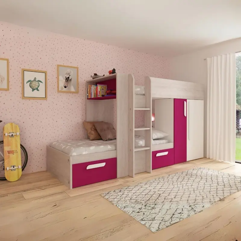 Letto a castello 1298 reversibile con armadio e 2 cassetti bianco consumato e fucsia