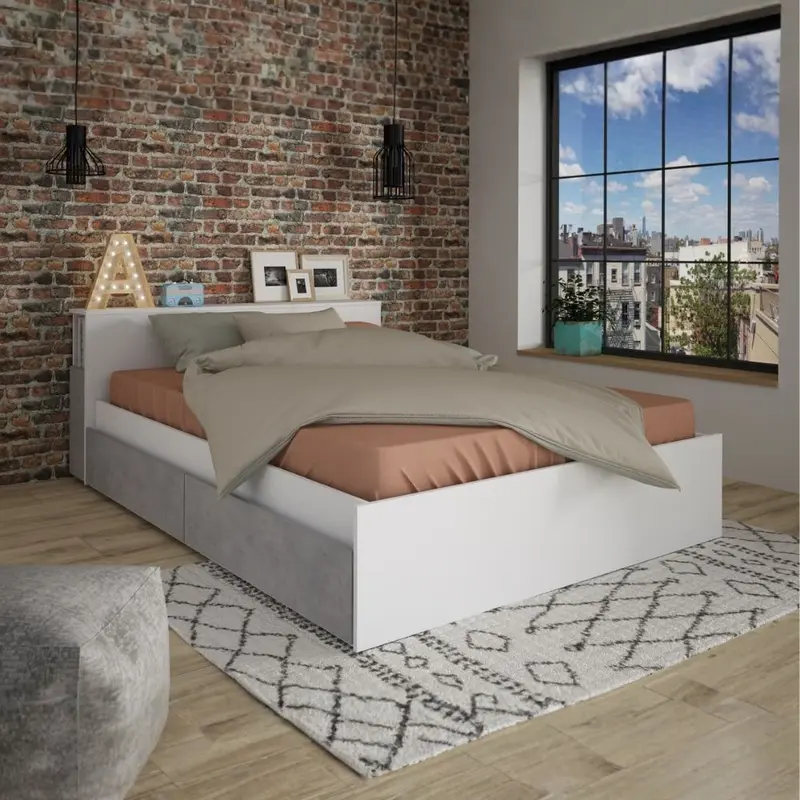 Letto contenitore 1566 alla francese con 4 cassettoni e comodini estraibili colore bianco e cemento