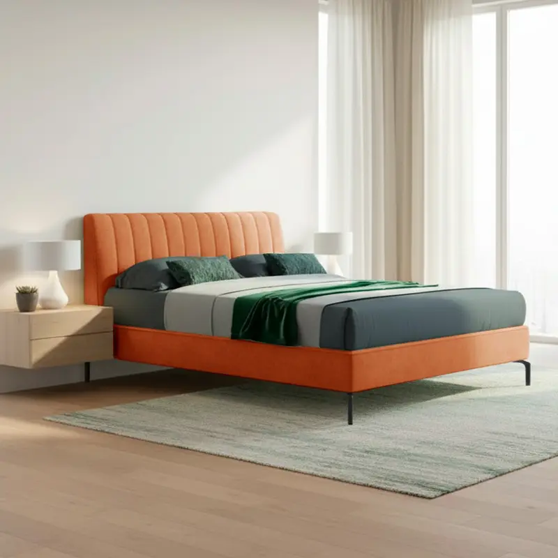 Letto matrimoniale Aki contenitore testiera cuciture verticali colore arancio