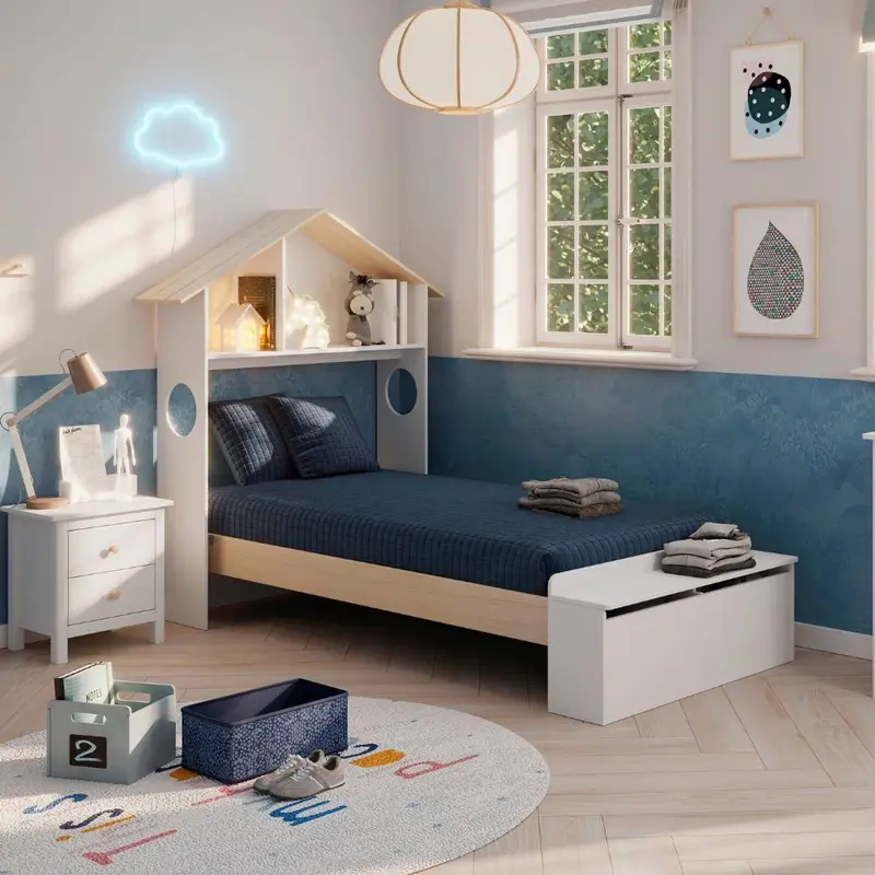 Letto singolo Odessa con testiera casetta e pediera contenitore in legno massiccio colore bianco